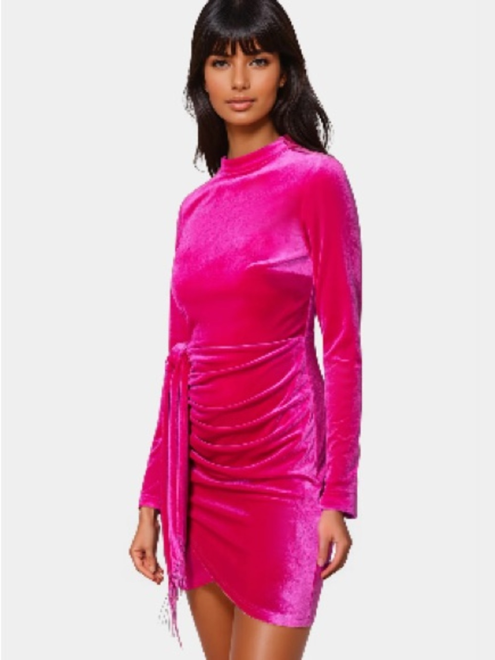 NWT bebe Hot Pink Velvet Long Sleeve Draped Mini Dress with Fringe